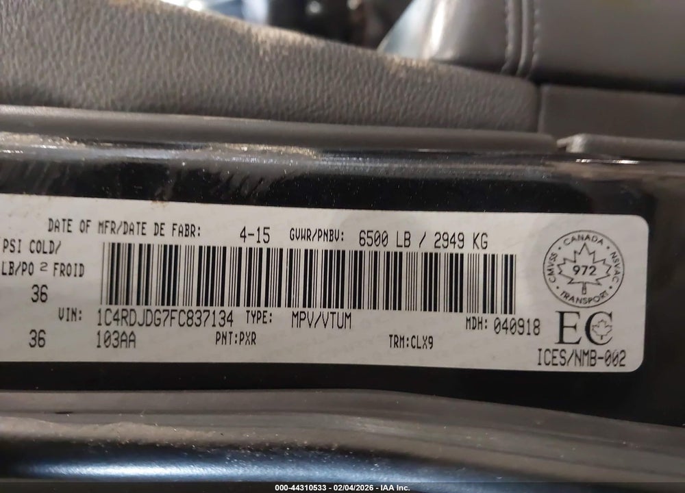 2015 DODGE DURANGO LIMITED VIN: 1C4RDJDG7FC837134
