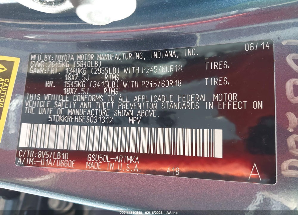 2014 TOYOTA HIGHLANDER XLE V6 VIN: 5TDKKRFH6ES031312