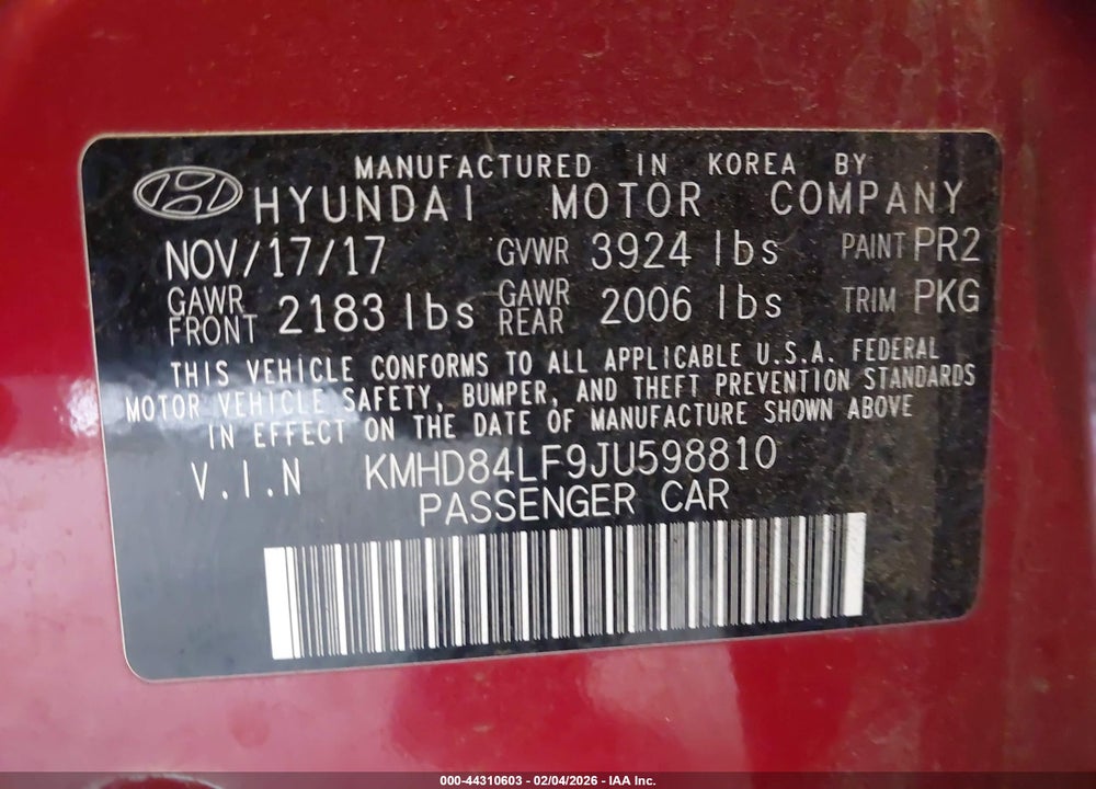 2018 HYUNDAI ELANTRA SEL VIN: KMHD84LF9JU598810