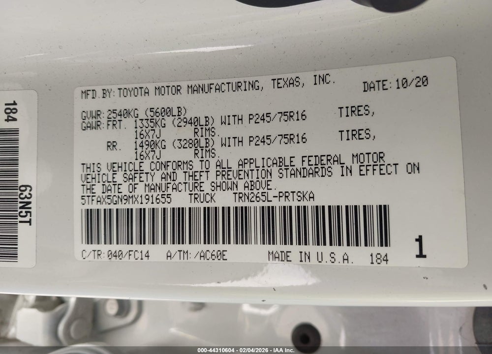2021 TOYOTA TACOMA SR5 VIN: 5TFAX5GN9MX191655