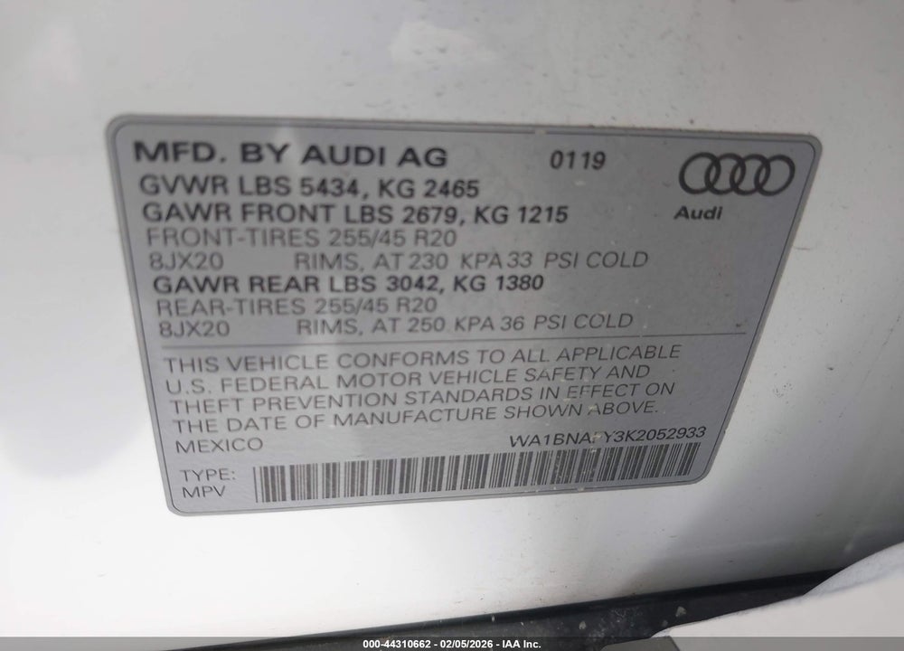 2019 AUDI Q5 45 PREMIUM VIN: WA1BNAFY3K2052933