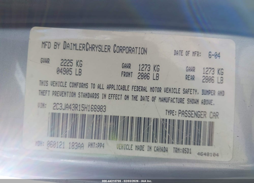2005 CHRYSLER 300 VIN: 2C3JA43R15H168983