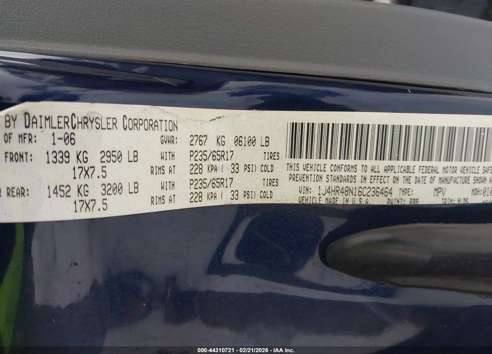 2006 JEEP GRAND CHEROKEE LAREDO VIN: 1J4HR48N16C236464