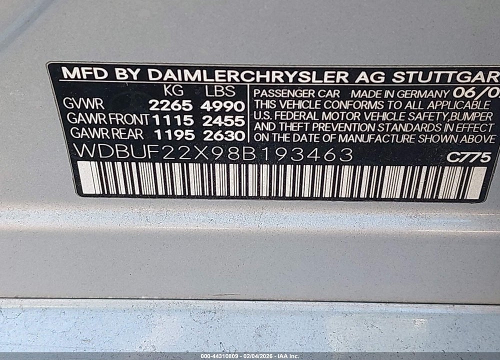 2008 MERCEDES-BENZ E 320 BLUETEC VIN: WDBUF22X98B193463
