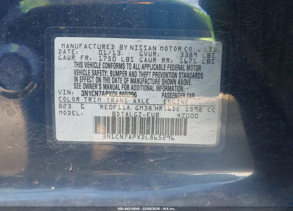 2013 NISSAN VERSA 1.6 SL VIN: 3N1CN7APXDL865296