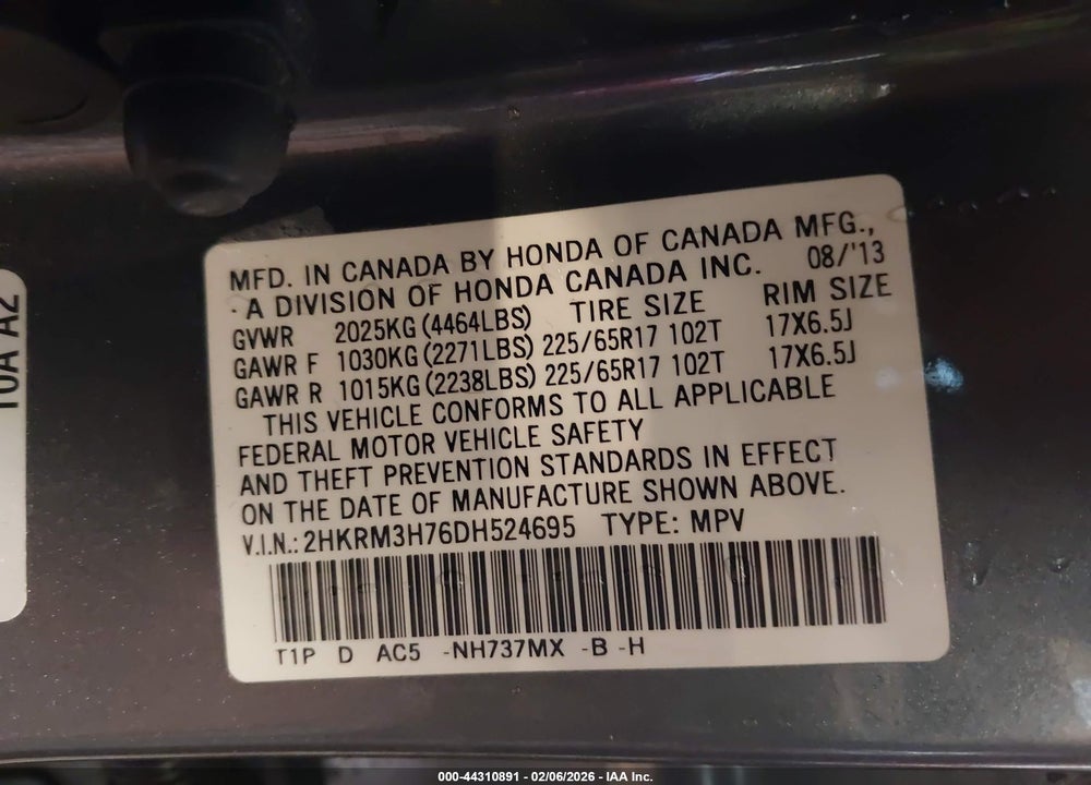 2013 HONDA CR-V EX-L VIN: 2HKRM3H76DH524695
