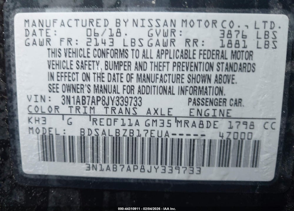 2018 NISSAN SENTRA S VIN: 3N1AB7AP8JY339733