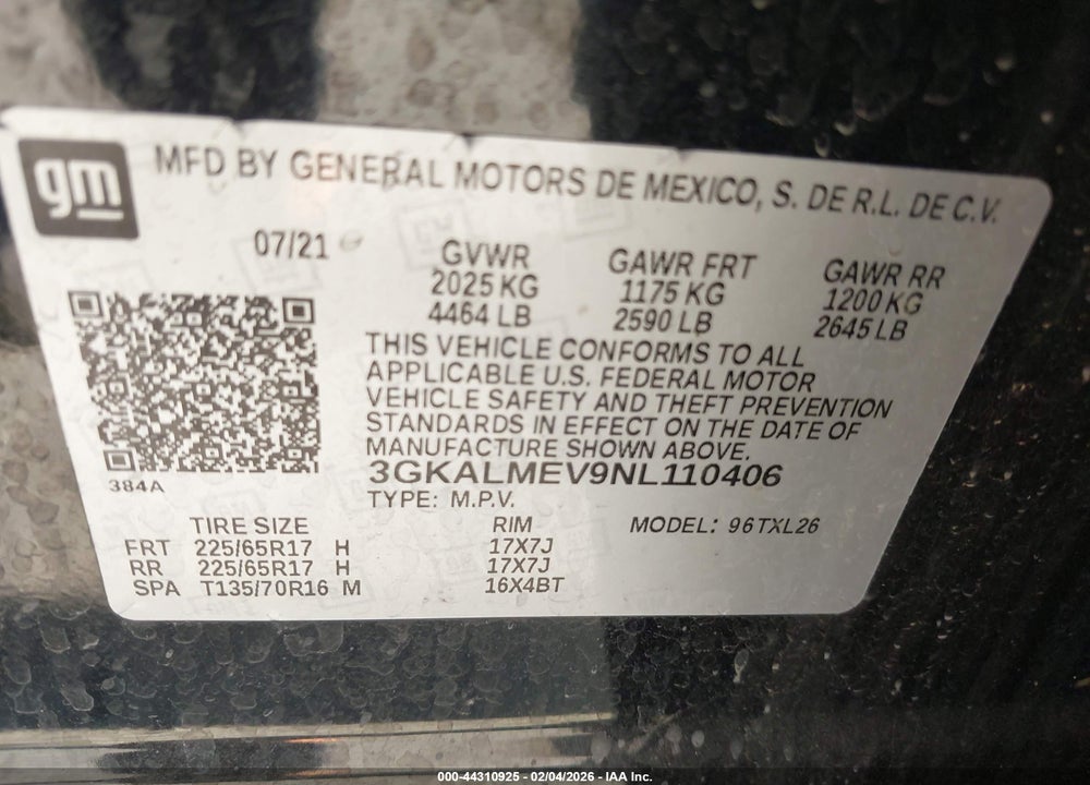 2022 GMC TERRAIN FWD SLE VIN: 3GKALMEV9NL110406