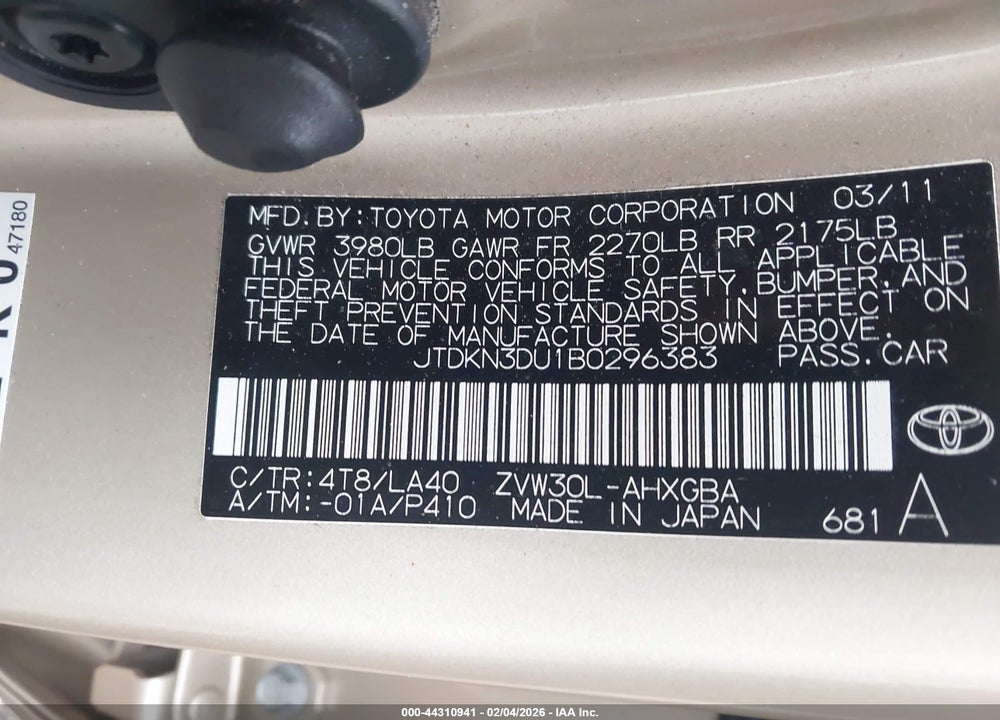 2011 TOYOTA PRIUS FIVE VIN: JTDKN3DU1B0296383