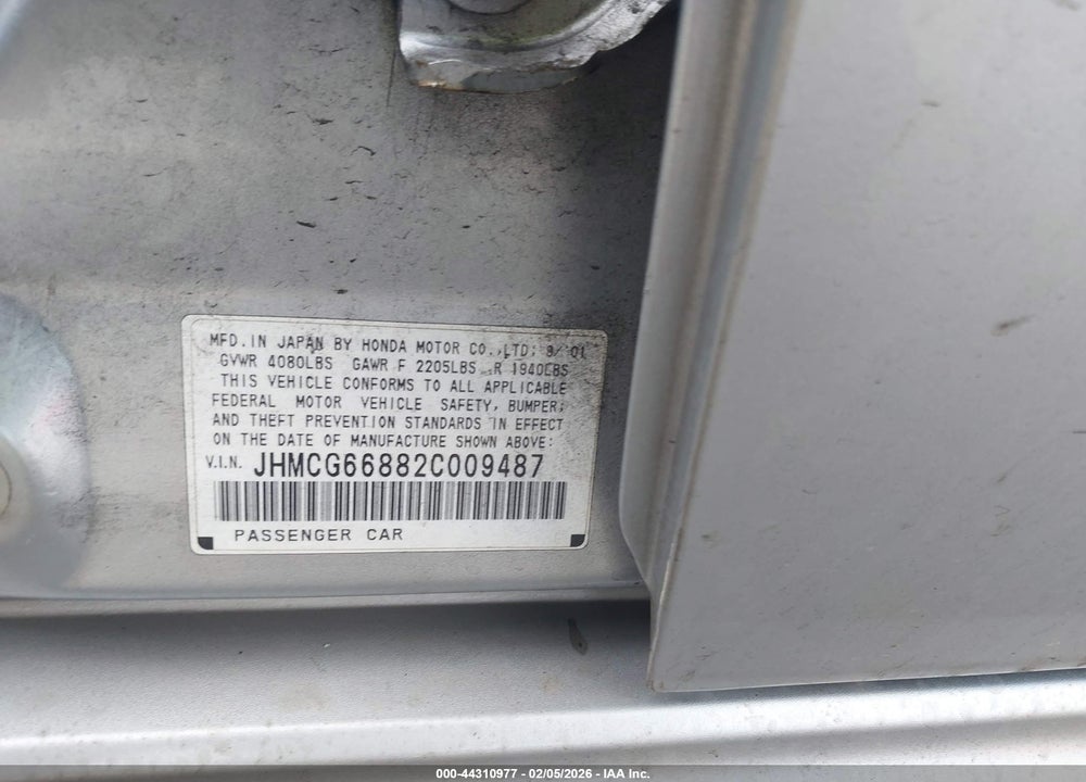 2002 HONDA ACCORD 2.3 EX/2.3 SE VIN: JHMCG66882C009487