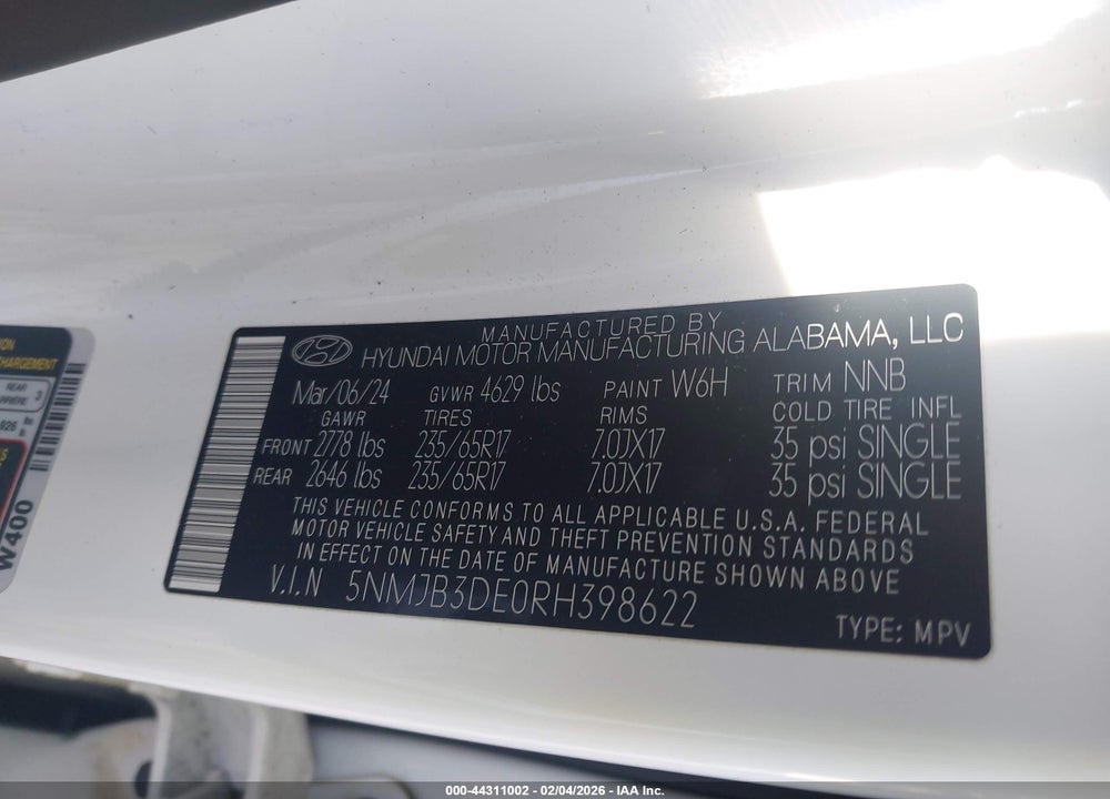 2024 HYUNDAI TUCSON SEL VIN: 5NMJB3DE0RH398622
