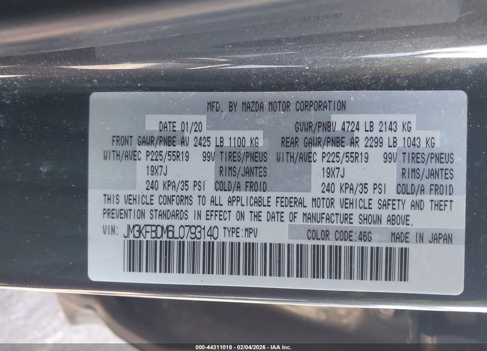 2020 MAZDA CX-5 GRAND TOURING VIN: JM3KFBDM6L0793140