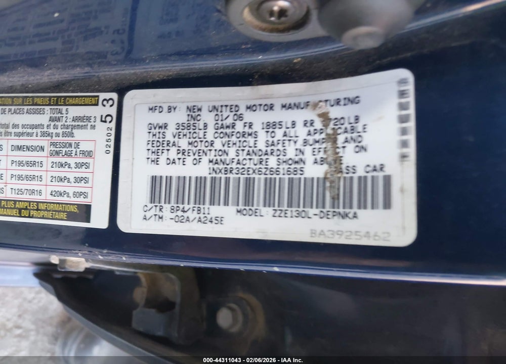 2006 TOYOTA COROLLA LE VIN: 1NXBR32EX6Z661685