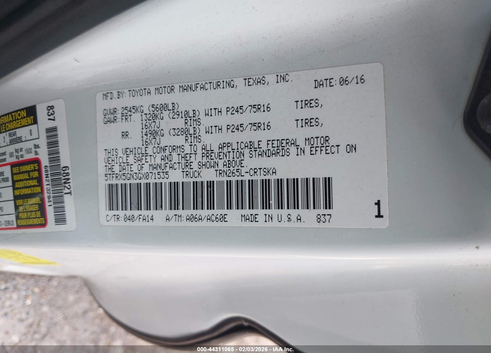 2016 TOYOTA TACOMA SR VIN: 5TFRX5GN3GX071535