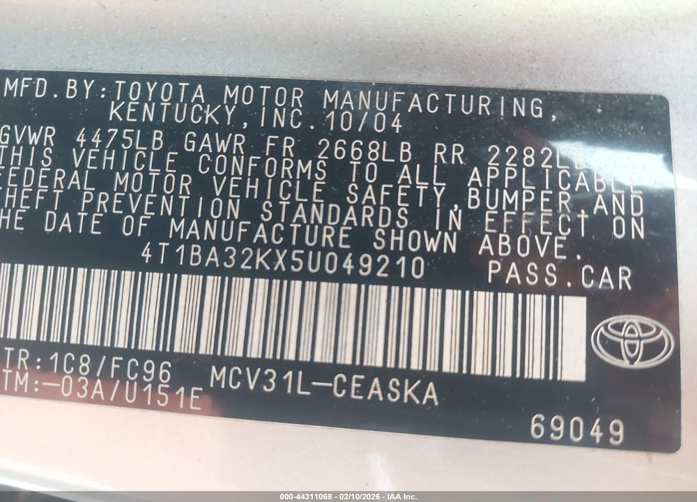 2005 TOYOTA CAMRY SE V6 VIN: 4T1BA32KX5U049210