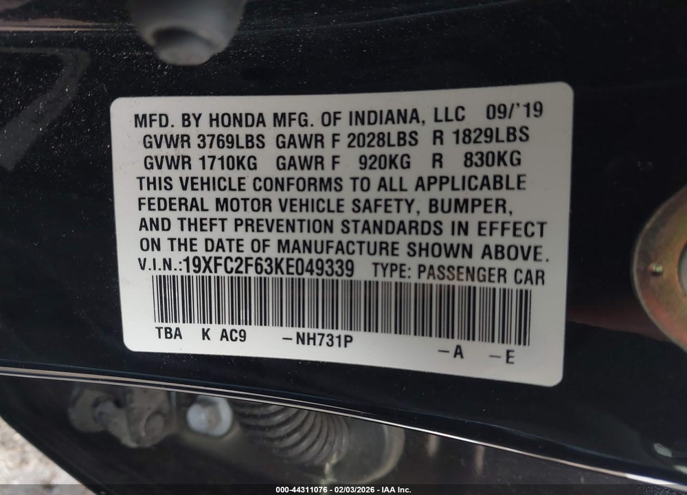 2019 HONDA CIVIC LX VIN: 19XFC2F63KE049339