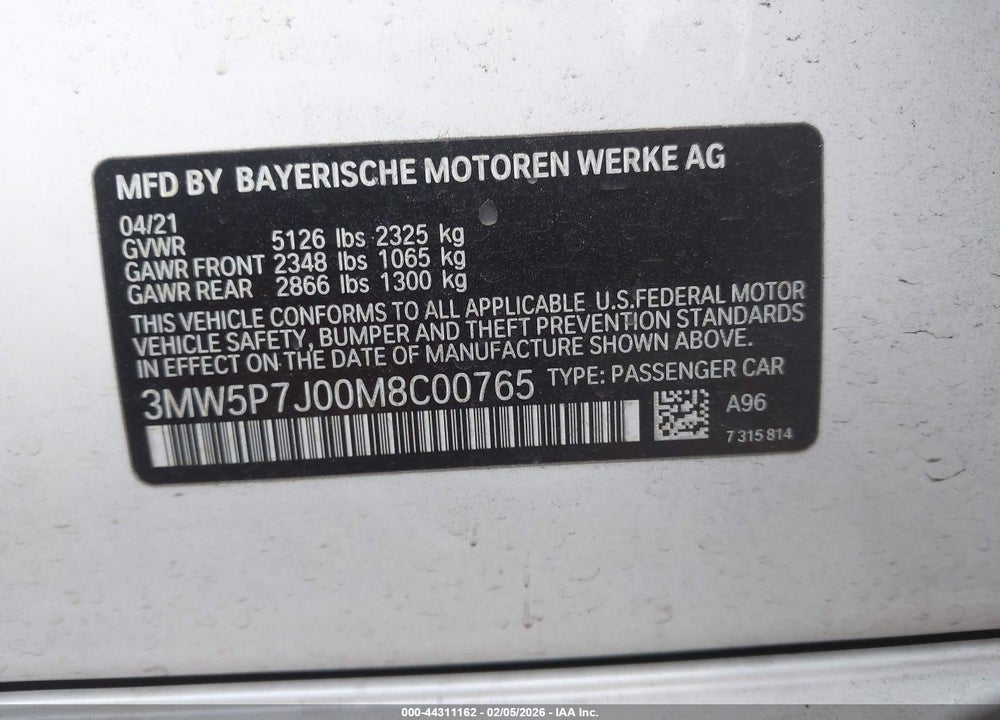 2021 BMW 3 SERIES 330E VIN: 3MW5P7J00M8C00765