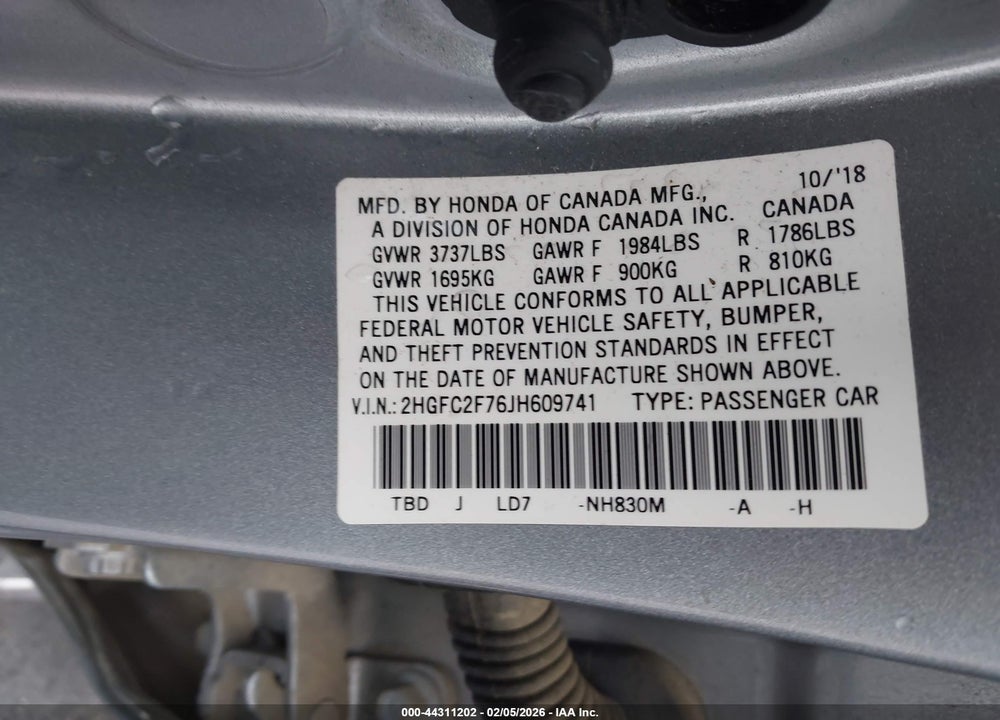 2018 HONDA CIVIC EX VIN: 2HGFC2F76JH609741