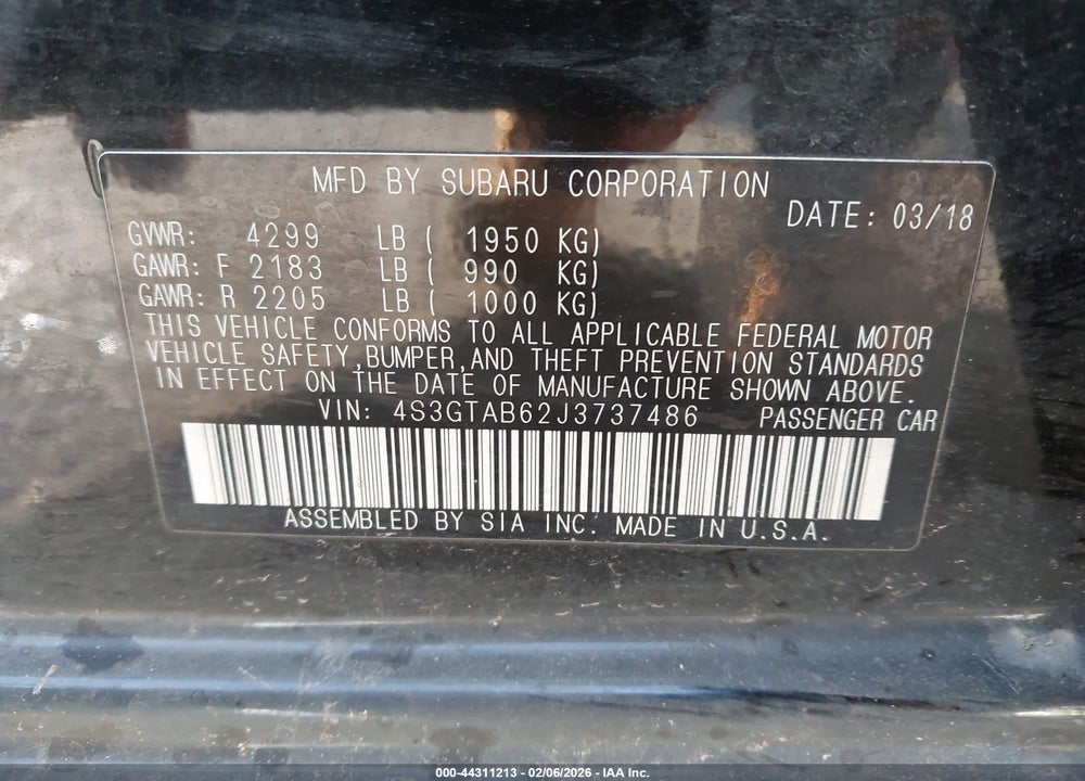2018 SUBARU IMPREZA 2.0I PREMIUM VIN: 4S3GTAB62J3737486