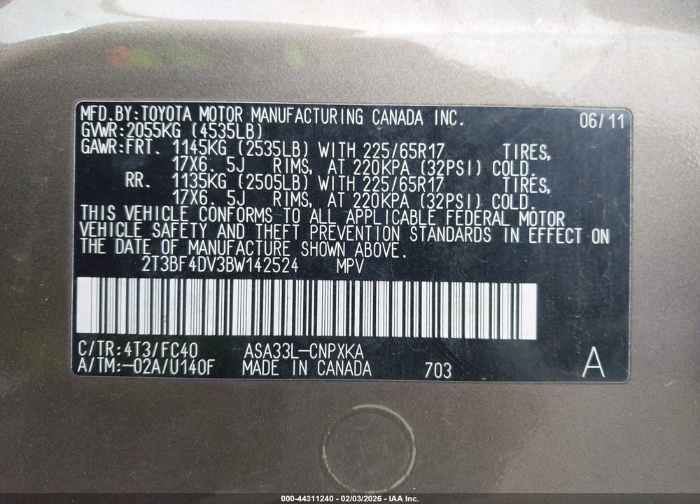 2011 TOYOTA RAV4 VIN: 2T3BF4DV3BW142524