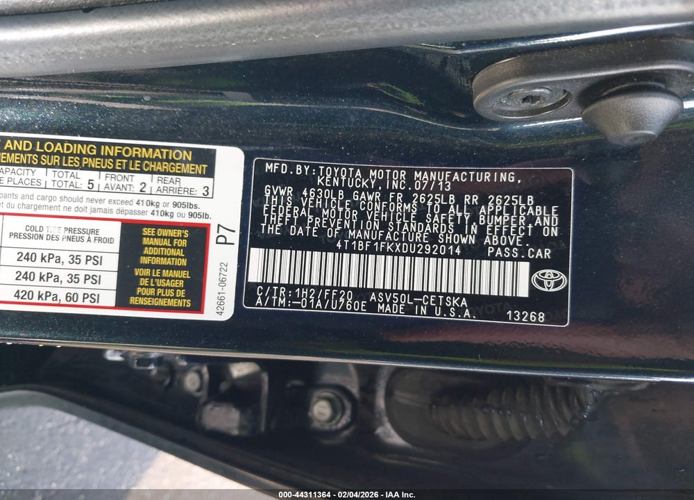 2013 TOYOTA CAMRY SE VIN: 4T1BF1FKXDU292014