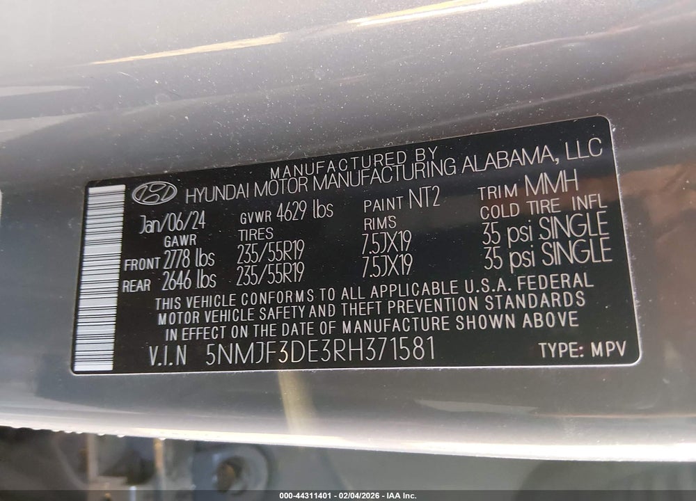 2024 HYUNDAI TUCSON SEL VIN: 5NMJF3DE3RH371581