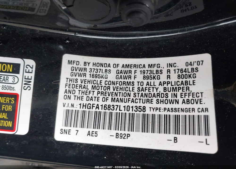 2007 HONDA CIVIC VIN: 1HGFA16837L101358