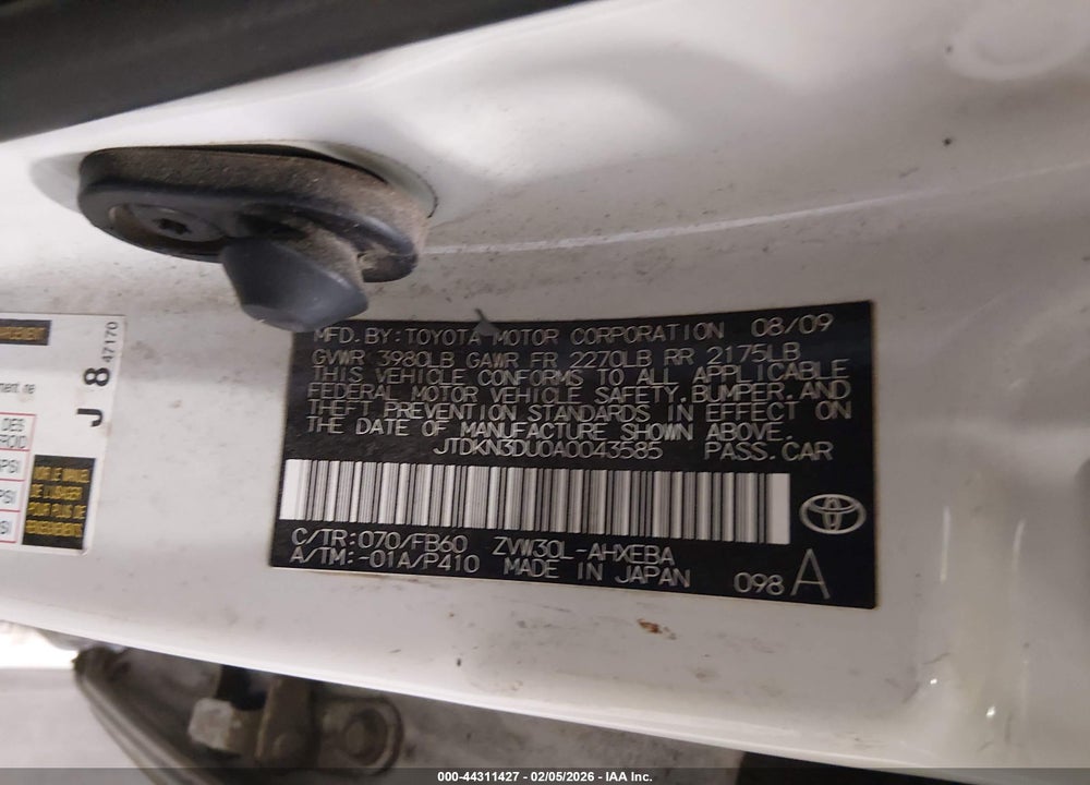 2010 TOYOTA PRIUS II VIN: JTDKN3DU0A0043585
