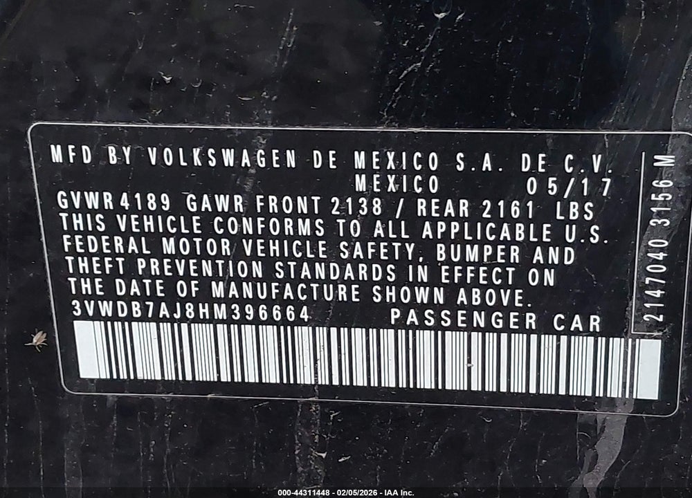 2017 VOLKSWAGEN JETTA 1.4T SE VIN: 3VWDB7AJ8HM396664