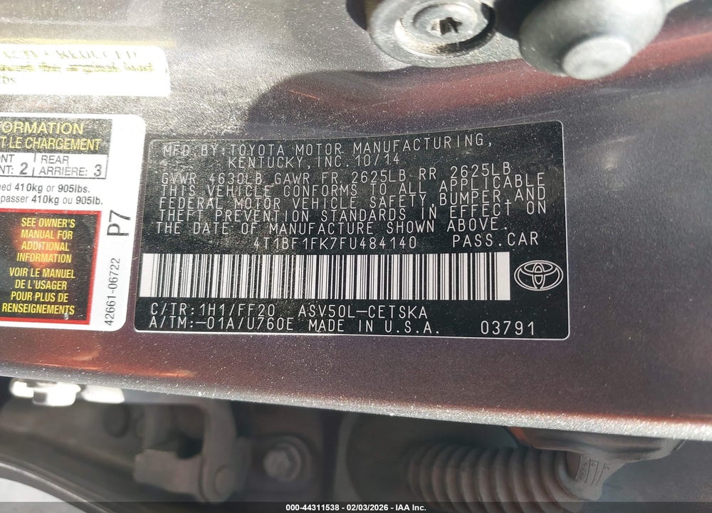 2015 TOYOTA CAMRY SE VIN: 4T1BF1FK7FU484140