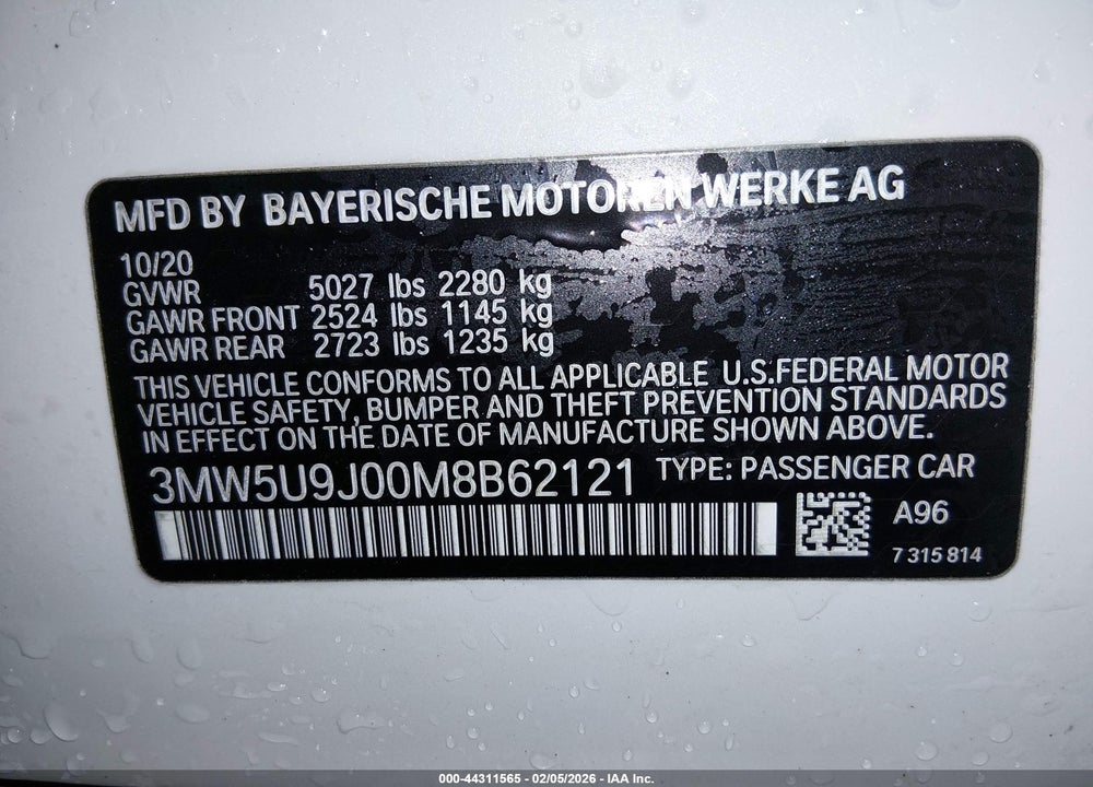 2021 BMW 3 SERIES VIN: 3MW5U9J00M8B62121