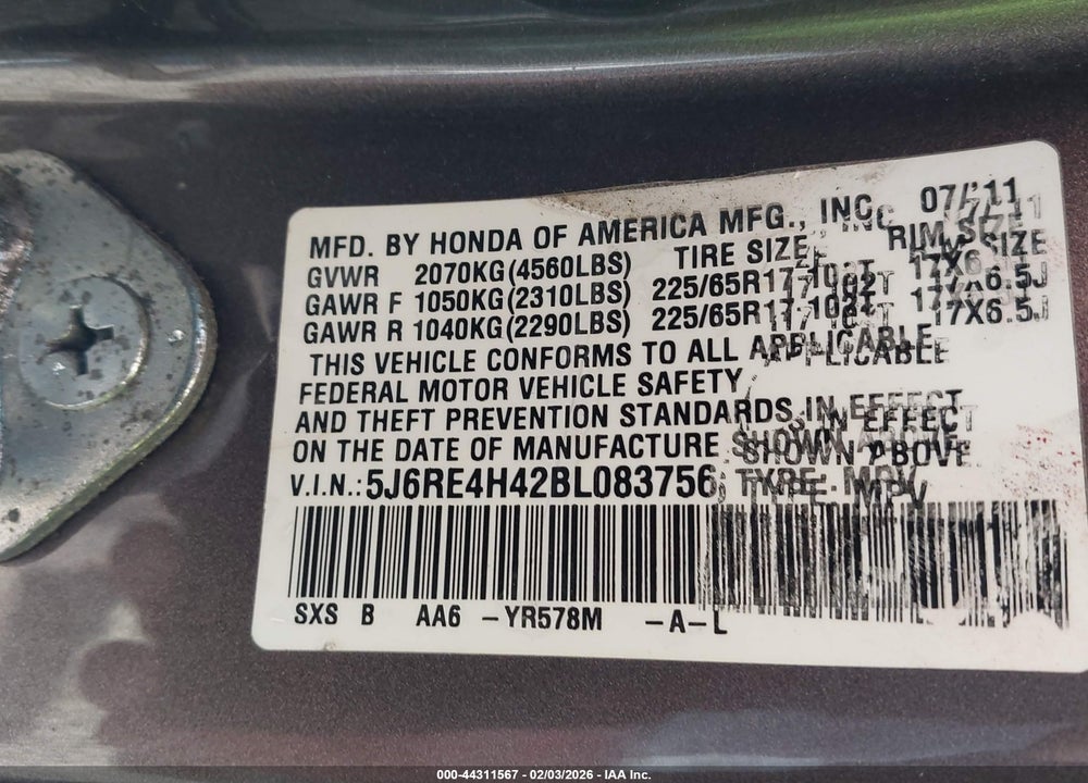 2011 HONDA CR-V SE VIN: 5J6RE4H42BL083756