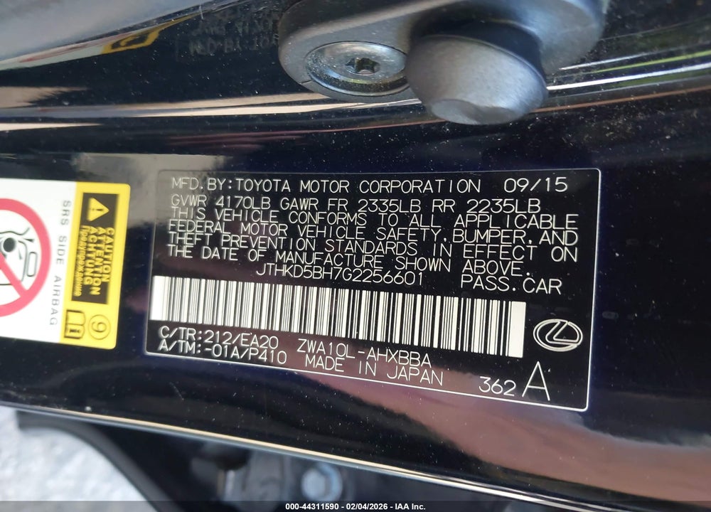 2016 LEXUS CT 200H VIN: JTHKD5BH7G2256601