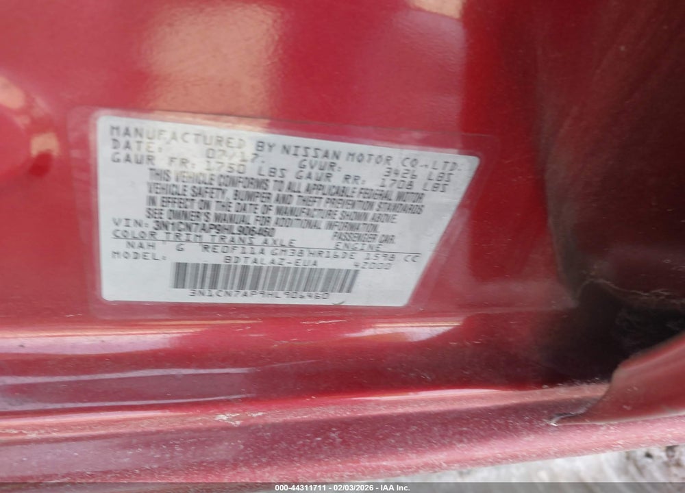 2017 NISSAN VERSA 1.6 S+ VIN: 3N1CN7AP9HL906460