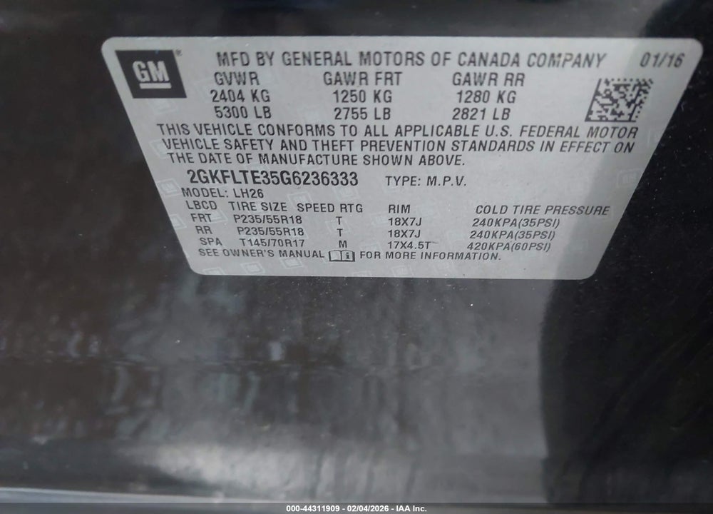 2016 GMC TERRAIN SLE-2 VIN: 2GKFLTE35G6236333
