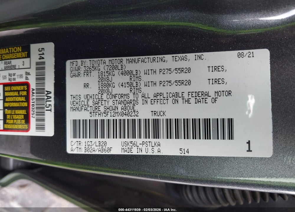 2021 TOYOTA TUNDRA CRE VIN: 5TFHY5F12MX040232
