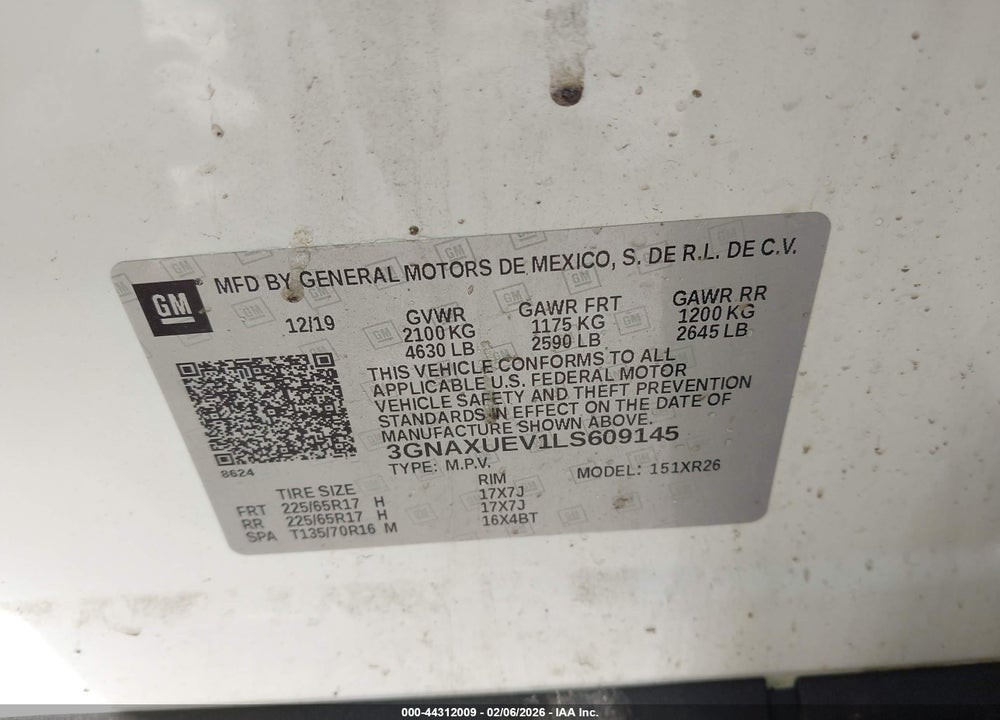 2020 CHEVROLET EQUINOX AWD LT 1.5L TURBO VIN: 3GNAXUEV1LS609145