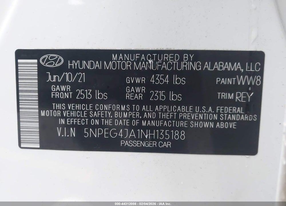 2022 HYUNDAI SONATA SE VIN: 5NPEG4JA1NH135188
