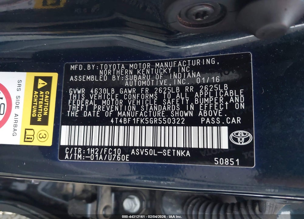 2016 TOYOTA CAMRY LE VIN: 4T4BF1FK5GR550322