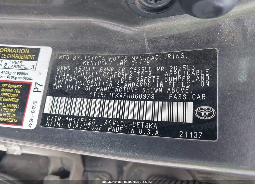 2015 TOYOTA CAMRY SE VIN: 4T1BF1FK4FU060978