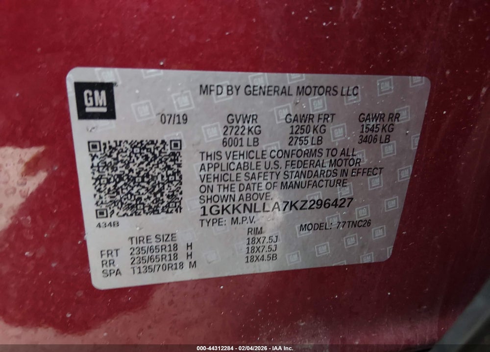 2019 GMC ACADIA SLE-2 VIN: 1GKKNLLA7KZ296427
