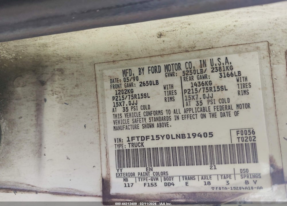 1990 FORD F150 VIN: 1FTDF15Y0LNB19405