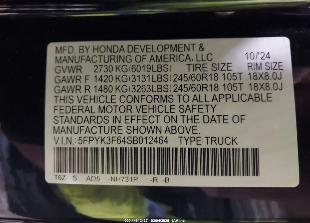 2025 HONDA RIDGELINE TRAILSPORT VIN: 5FPYK3F64SB012464