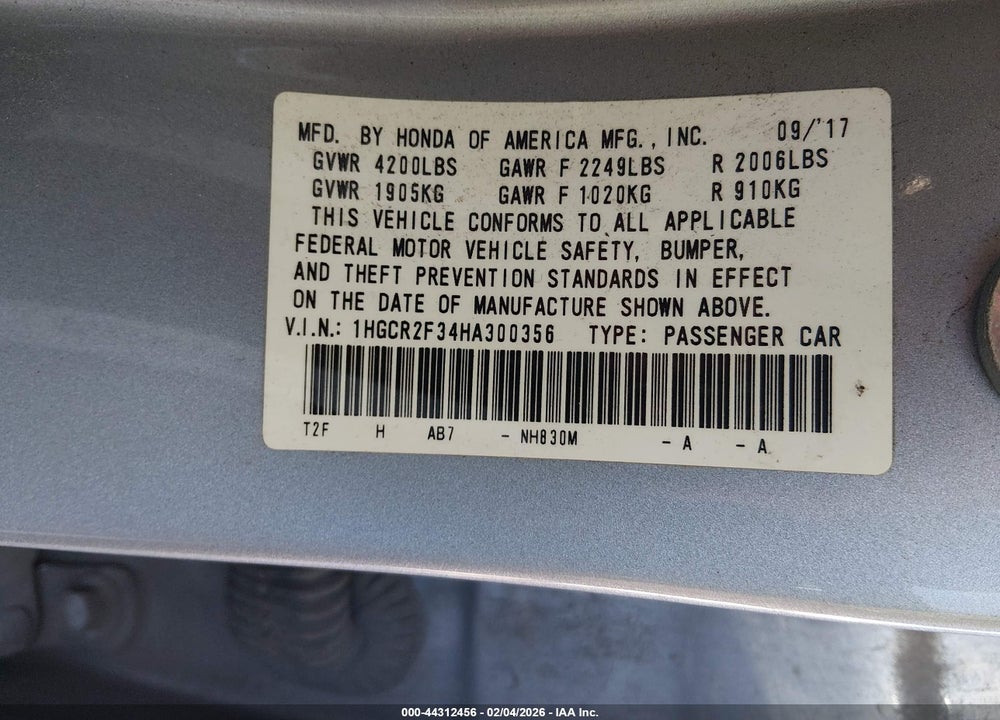 2017 HONDA ACCORD LX VIN: 1HGCR2F34HA300356