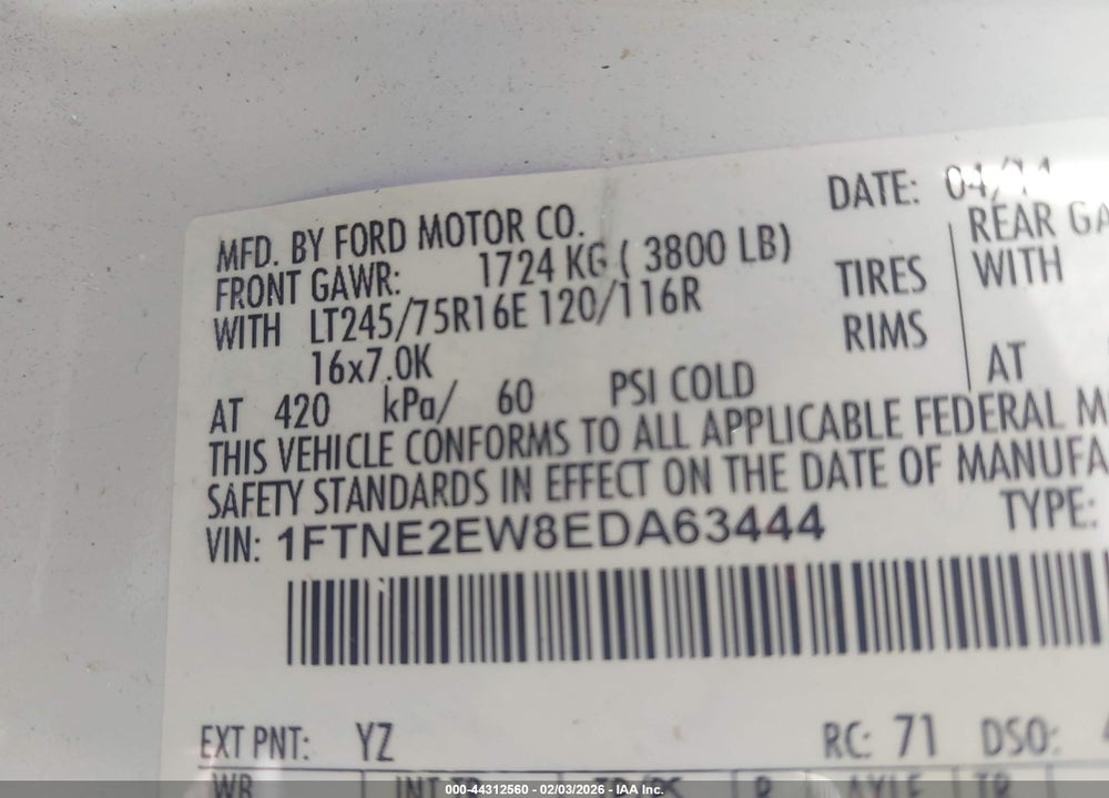 2014 FORD E-250 COMMERCIAL VIN: 1FTNE2EW8EDA63444