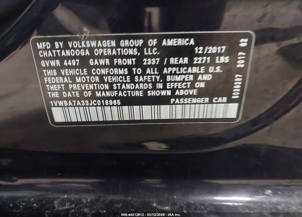 2018 VOLKSWAGEN PASSAT 2.0T SE VIN: 1VWBA7A33JC018965