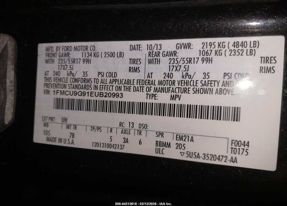 2014 FORD ESCAPE SE VIN: 1FMCU9G91EUB20993