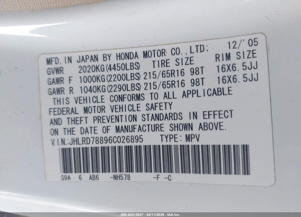 2006 HONDA CR-V EX VIN: JHLRD78896C026895