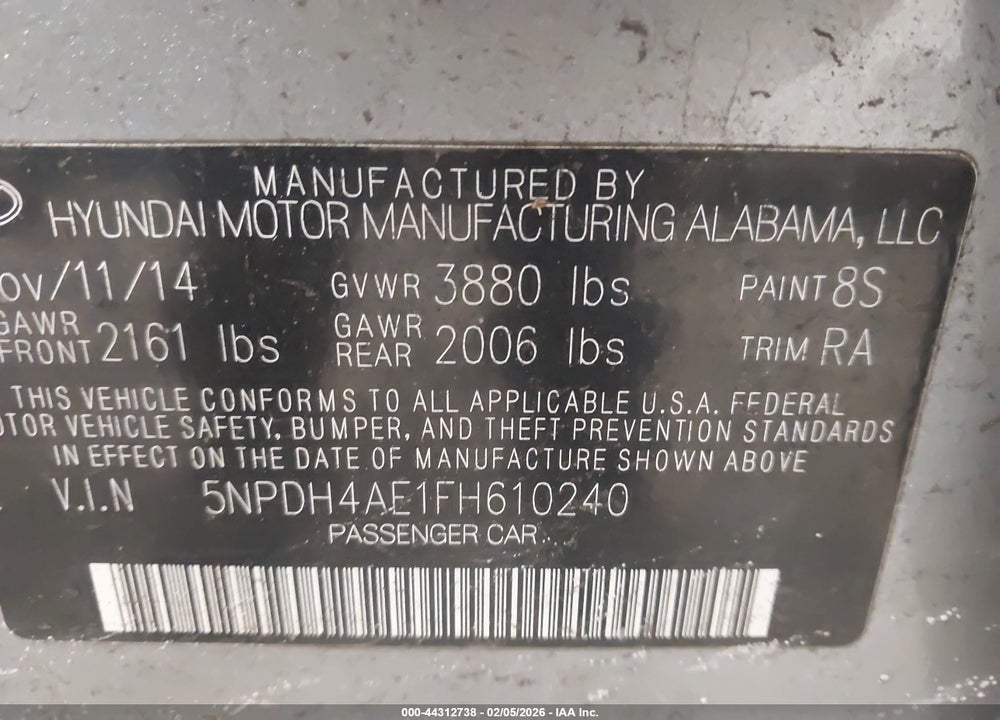 2015 HYUNDAI ELANTRA SE VIN: 5NPDH4AE1FH610240