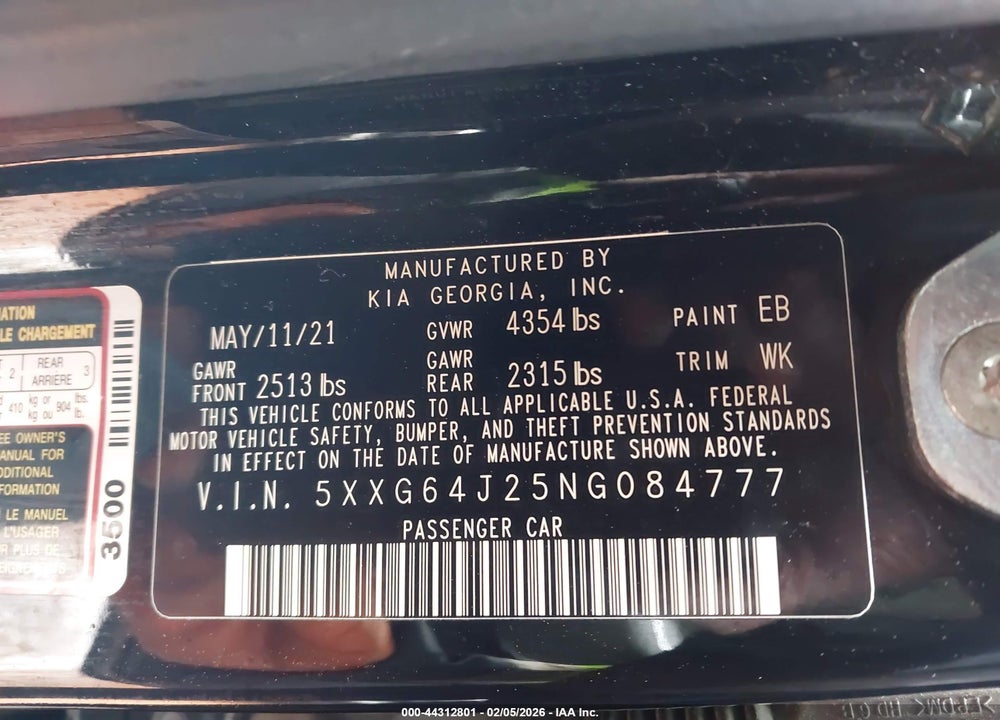 2022 KIA K5 GT-LINE VIN: 5XXG64J25NG084777